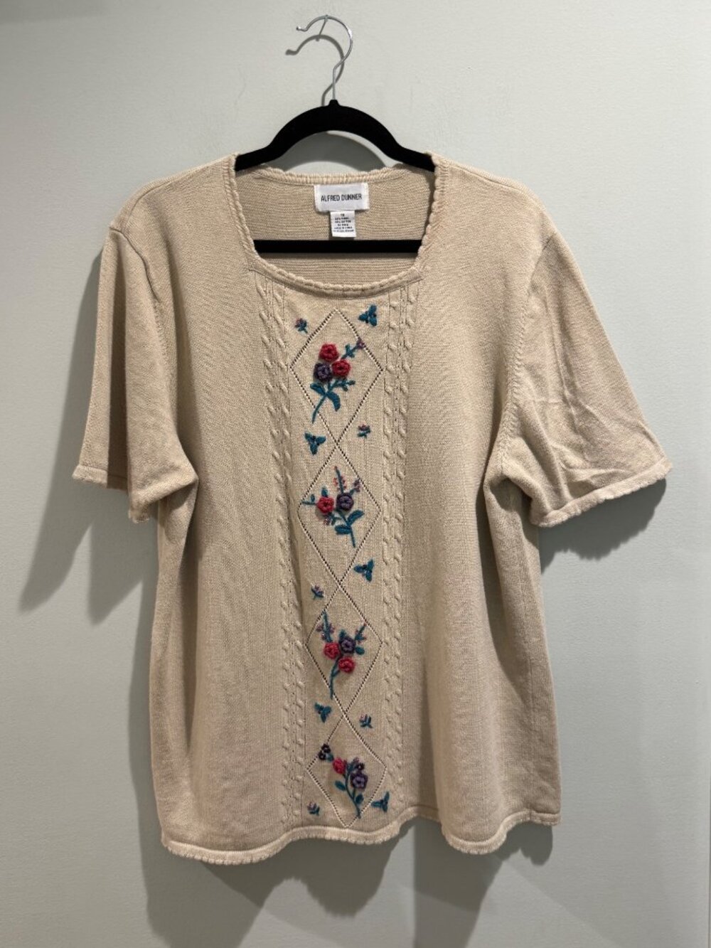 Y2K Alfred Dunner Ramie Cotton Floral Embroidered Cable Knit Short Sleeve Sweate